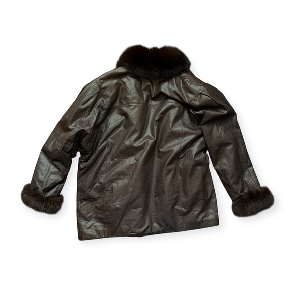 Roxiticus Brown Oversized Leather Jacket Brown Size XL Fur Trim 1980’s Vintage - Picture 2 of 8
